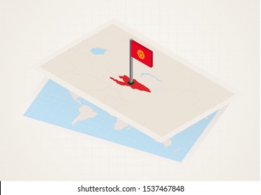 Kyrgyzstan selected on map with isometric flag of Kyrgyzstan. Vector paper map.