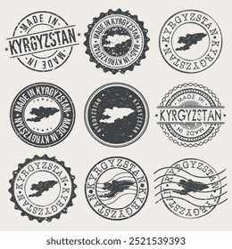 Conjunto de selos do Quirguistão. Carimbo de Viagem. Fabricado Em Produto. Design Seals Estilo Antigo Insígnia.	