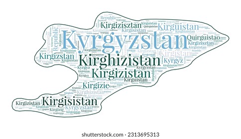 Kyrgyzstan shape filled with country name in many languages. Kyrgyzstan map in wordcloud style. Astonishing vector illustration.