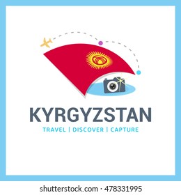 Kyrgyzstan Travel, Discover, Capture logo - Vector travel Photographer logo design - Country Flag Travel, Discover and Photgrapher Conceptual logotype - vector illustration