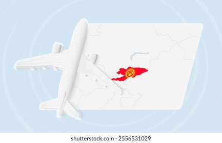 Kyrgyzstan Travel Illustration with Plane and National Flag. Ideal for travel agencies, promotional materials, or geographic content related to Kyrgyzstan.