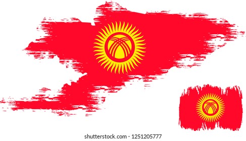 Kyrgyzstan vector grunge brush stroke with  national flag and contour map. 