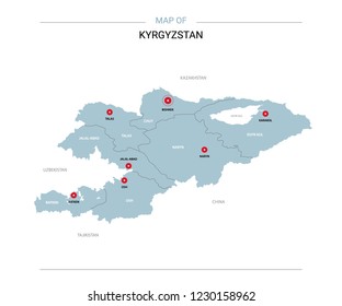 Kyrgyzstan vector map. Editable template with regions, cities, red pins and blue surface on white background. 