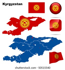 Kyrgyzstan vector set. Detailed country shape with region borders, flags and icons isolated on white background.