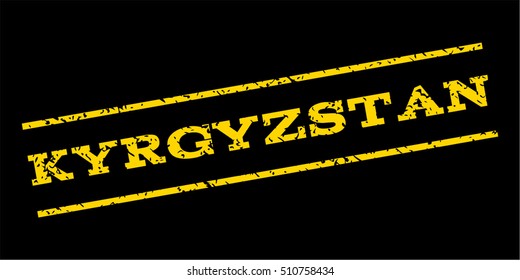 Kyrgyzstan watermark stamp. Text tag between parallel lines with grunge design style. Rubber seal stamp with dirty texture. Vector yellow color ink imprint on a blue background.