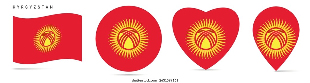 Kyrgyzstan waving flag, round circle sticker badge, heart shaped icon, map pin. Kyrgyz flag buttons of different shapes. Vector illustration isolated on white.