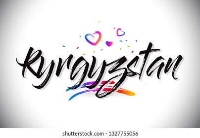 Kyrgyzstan Welcome To Word Text with Love Hearts and Creative Handwritten Font Design Vector Illustration.