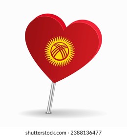 Kyrgyzstani flag heart-shaped map pointer layout. Vector illustration.