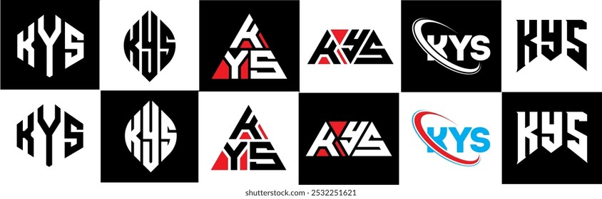 KYS letter logo design in six style. KYS polygon, circle, triangle, hexagon, flat and simple style with black and white color variation letter logo set in one artboard. KYS minimalist and classic logo