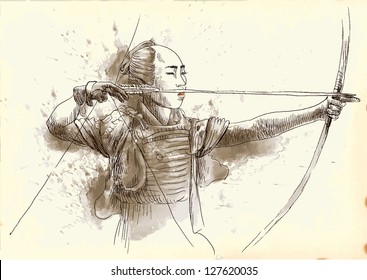 Kyudo - modern Japanese martial art. /// A hand drawn illustration converted into vector of an Samurai shooting an arrow from a bow. Vector is editable in 5 layers.