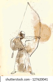 Kyudo - modern Japanese martial art. /// A hand drawn illustration converted into vector of an Samurai shooting an arrow from a bow. Vector is editable in 4 layers.