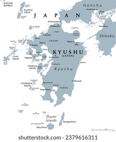 Kyushu, mapa político gris. Una de las cinco islas principales del Japón, al suroeste de Honshu y Shikoku, separada por el mar interior de Seto. Con la isla de Tsushima, las islas Goto, Amakusa, Koshikijima y Osumi.