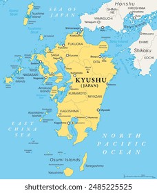 Kyushu island and northern part of the Kyushu region in Japan, political map with prefectures. One of the four major islands of Japan, southwest of Honshu and Shikoku, separated by Seto Inland Sea.