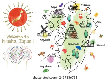 KYUSHU, Japan. Hand drawn map and icons