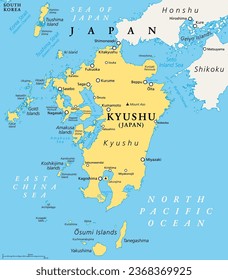 Kyushu, political map. Region of Japan, and one of five main islands, southwest of Honshu and Shikoku, separated by Seto Inland Sea. With Tsushima Island, Goto, Amakusa, Koshikijima and Osumi Islands.