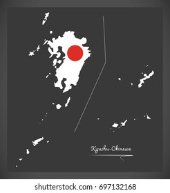 Kyushu-Okinawa map of Japan with Japanese national flag illustration