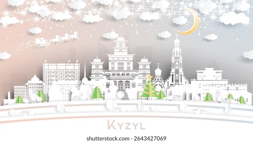 Kyzyl. Russia. Winter city skyline in paper cut style with snowflakes, moon and neon garland. Christmas and new year. Santa Claus on sleigh. Kyzyl cityscape with landmarks. Vector illustration.