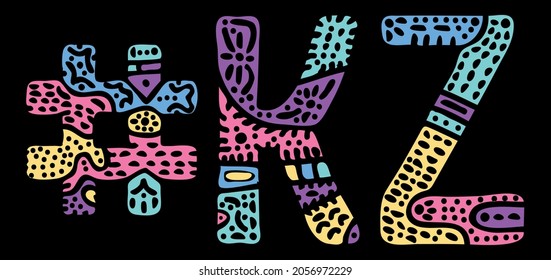 KZ Hashtag. Multicolored bright isolate curves doodle letters. Hashtag #KZ is abbreviation for the Kazakhstan for social network, web resources, mobile apps.