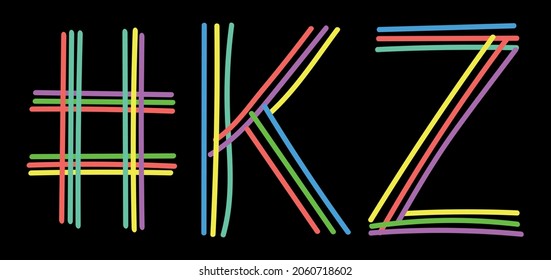 KZ Hashtag. Multicolored bright isolate curves doodle letters. Hashtag #KZ is abbreviation for the Kazakhstan for social network, web resources, mobile apps.