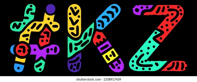 KZ Hashtag. Multicolored bright isolate curves doodle letters. Hashtag #KZ is abbreviation for the Kazakhstan for social network, web resources, mobile apps.
