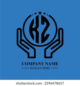 KZ initials held within hands, symbolizing trust and protection. The circle represents unity, while stars highlight excellence and ambition.