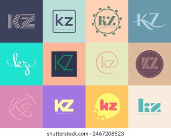 KZ logo company template. Letter k and z logotype. Set different classic serif lettering and modern bold text with design elements. Initial font typography. Collection trendy business identity.