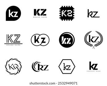 Modelo da empresa de logotipo KZ. Letra k e z logotipos. Defina diferentes letras serifas clássicas e texto em negrito moderno com elementos de design. Tipografia inicial da fonte. Coleção de identidade de negócios na moda.
