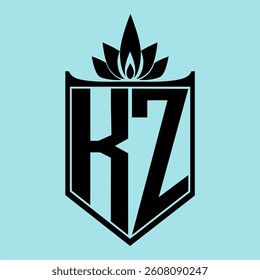 KZ Logo featuring a minimalist design with a crown-like flower symbol on top, bold black elements, and a soft blue background, perfect for branding and modern visual identity.