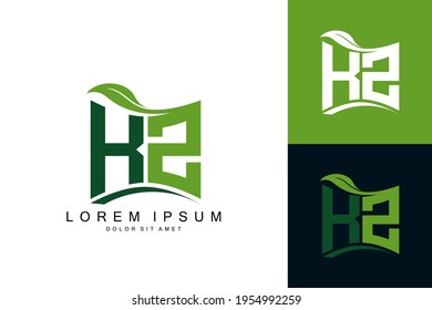 KZ logo monogram with green leaf nature organic bio curved shape premium vector design template