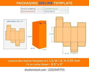 L 1.5xW 1.8xH 3.35 inch Custom Lipstick Box Dieline Template