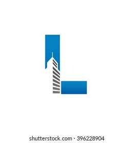 L alphabet building negative space letter logo blue