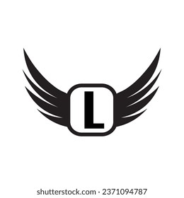 L alphabet letter logo for business and company with wings and black and white color. Corporate branding and lettering icon with simple design.