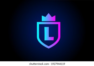 L alphabet letter logo icon for business. Company design with king crown and shield in gradient color for corporate identity