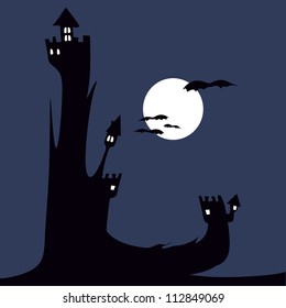 L, in the alphabet set. Halloween full moon night background with haunted house and dead trees.