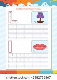 Hoja de trabajo de práctica de seguimiento del alfabeto L. Página de libro de coloración educativa con ilustración de vector de esquema para preescolar