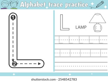 
Planilha de prática de traçado do alfabeto L e página do livro de cores Lâmpada com vetor de contorno para crianças pré-escolares