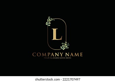 L Beauty vector initial logo, Golden floral letters with flowers leaves and gold splatters isolated on white background. Vector illustration for wedding, greeting cards, invitations template design