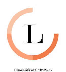 L black letter , modern type of font , tree orange colors , simply alphabet like design identity