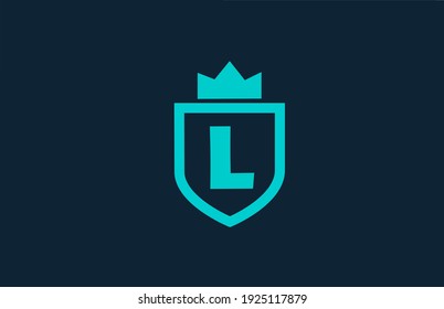 Icono del logotipo del escudo azul L para compañía con letra. Diseño creativo para empresas y negocios con corona king