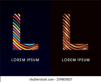 L ,colorful font and luxury font ,designed using colorful line on dark background, concept move, wave, water, freestyle, happy, fun, joy, fantasy ,logo, symbol, icon, graphic, vector.