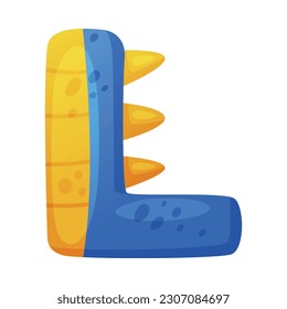 L consonant letter dino font. Dinosaur alphabet, cute dino effect blue and yellow letter sign, abc for kids, nursery, birthday party design cartoon vector illustration