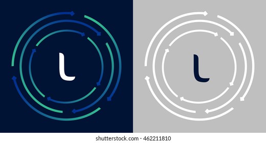 L design template elements in abstract background logo, design identity in circle, letters business logo icon, blue/green alphabet letters, simplicity graphics