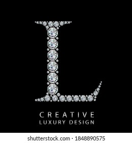 L diamond letter vector illustration. White gem symbol logo for your luxury business, casino, jewelry or web site. Upper letter with many sparkling diamonds isolated on black background.