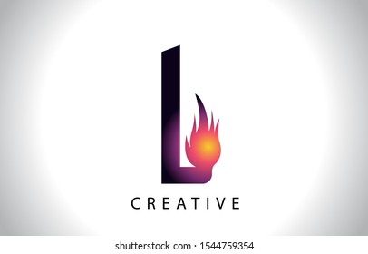 L Flame Letter Logo Icon Design With Fire Flame. Creative Look Vector Illustration in Purple Magenta Colors.