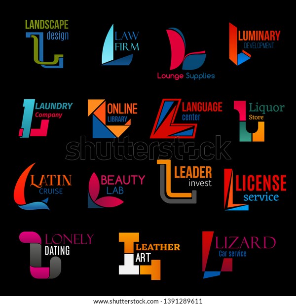 L icons set, corporate identity design symbols and\
business company emblems. Vector letter L landscaping agency, law\
legal firm or laundry service and language center, drink store or\
investment group