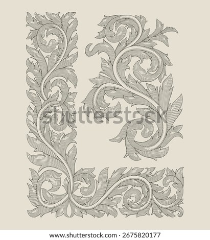 L initial alphabet in floral ornament shape and abstract ornament, Vintage engraving drawing style illustration