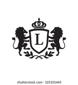 L  initial business, clean luxury crest logo with lions