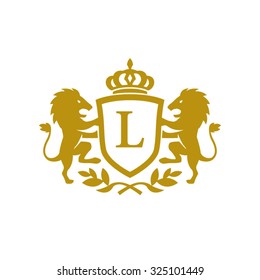 L  initial business, clean luxury crest logo with lions