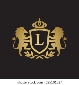 L initial business, clean luxury crest logo with lions