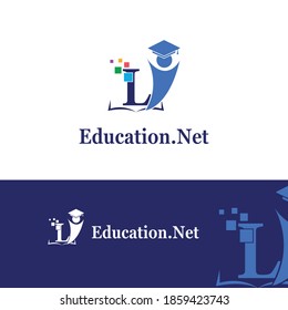 L Initial letter for Education/Academy Technology with Toga hat cap and children